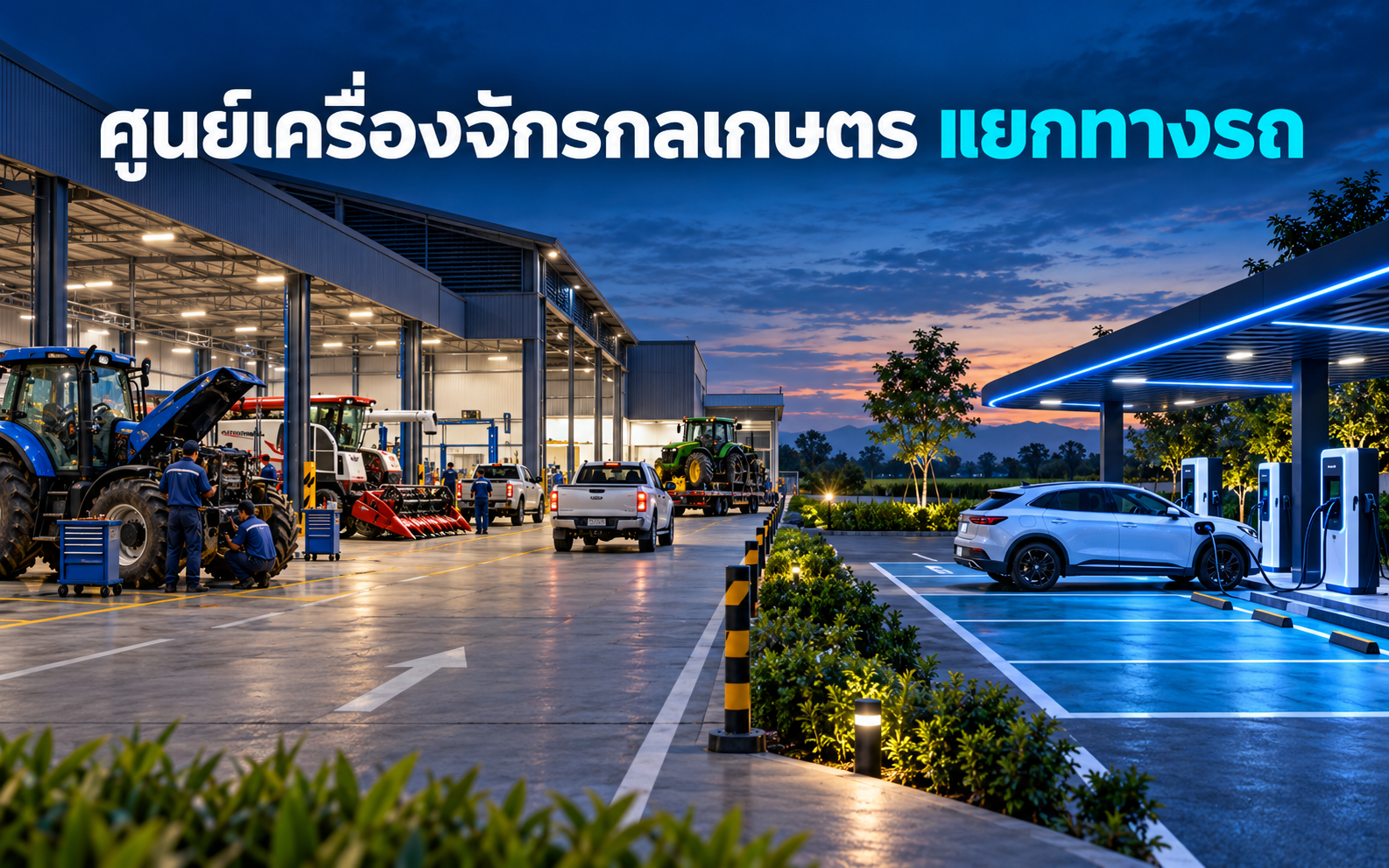 สถานีชาร์จ EV ศูนย์เครื่องจักรกลเกษตร จัดทางรถอย่างไร