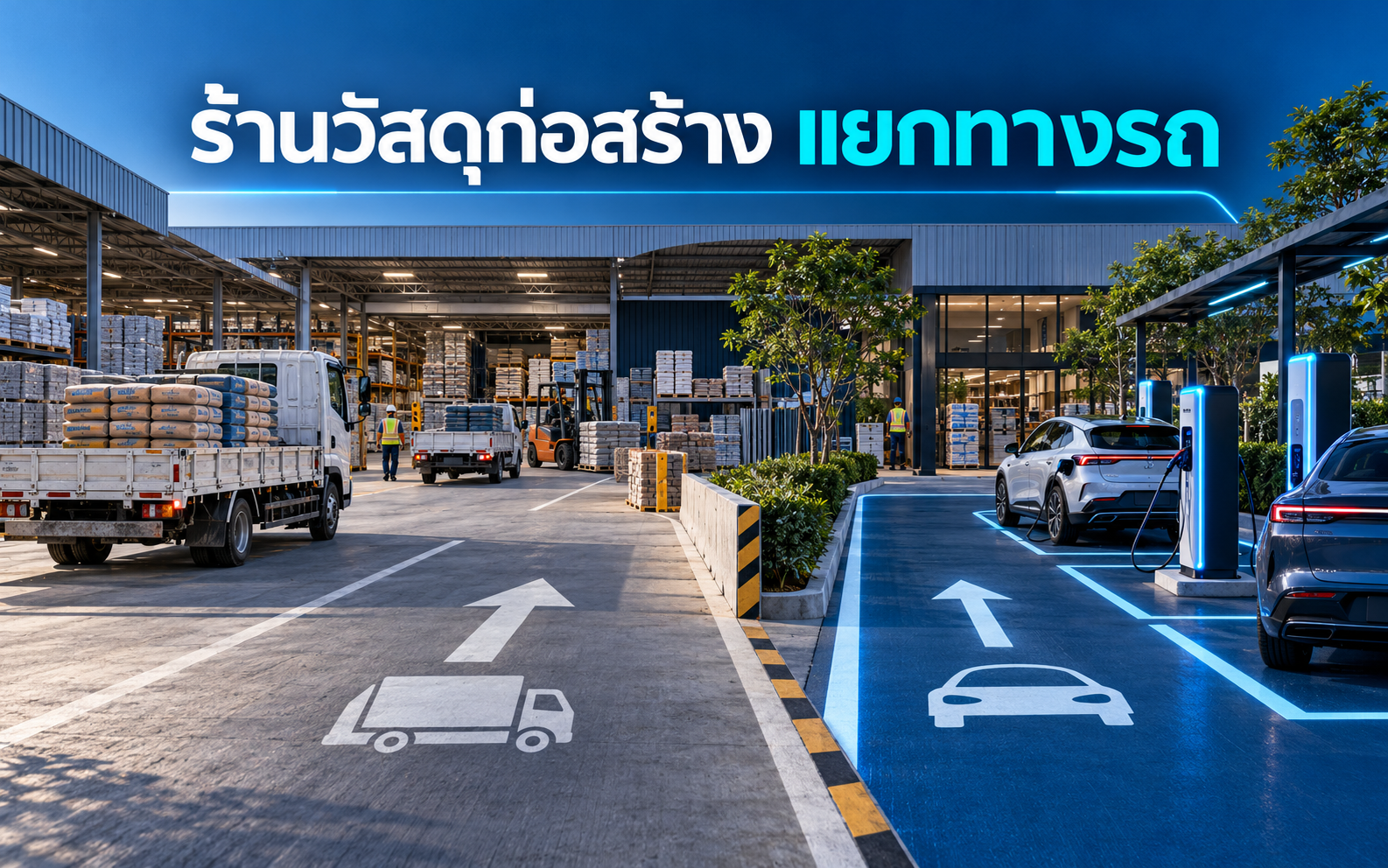 สถานีชาร์จ EV ร้านวัสดุก่อสร้าง จัดทางรถอย่างไร