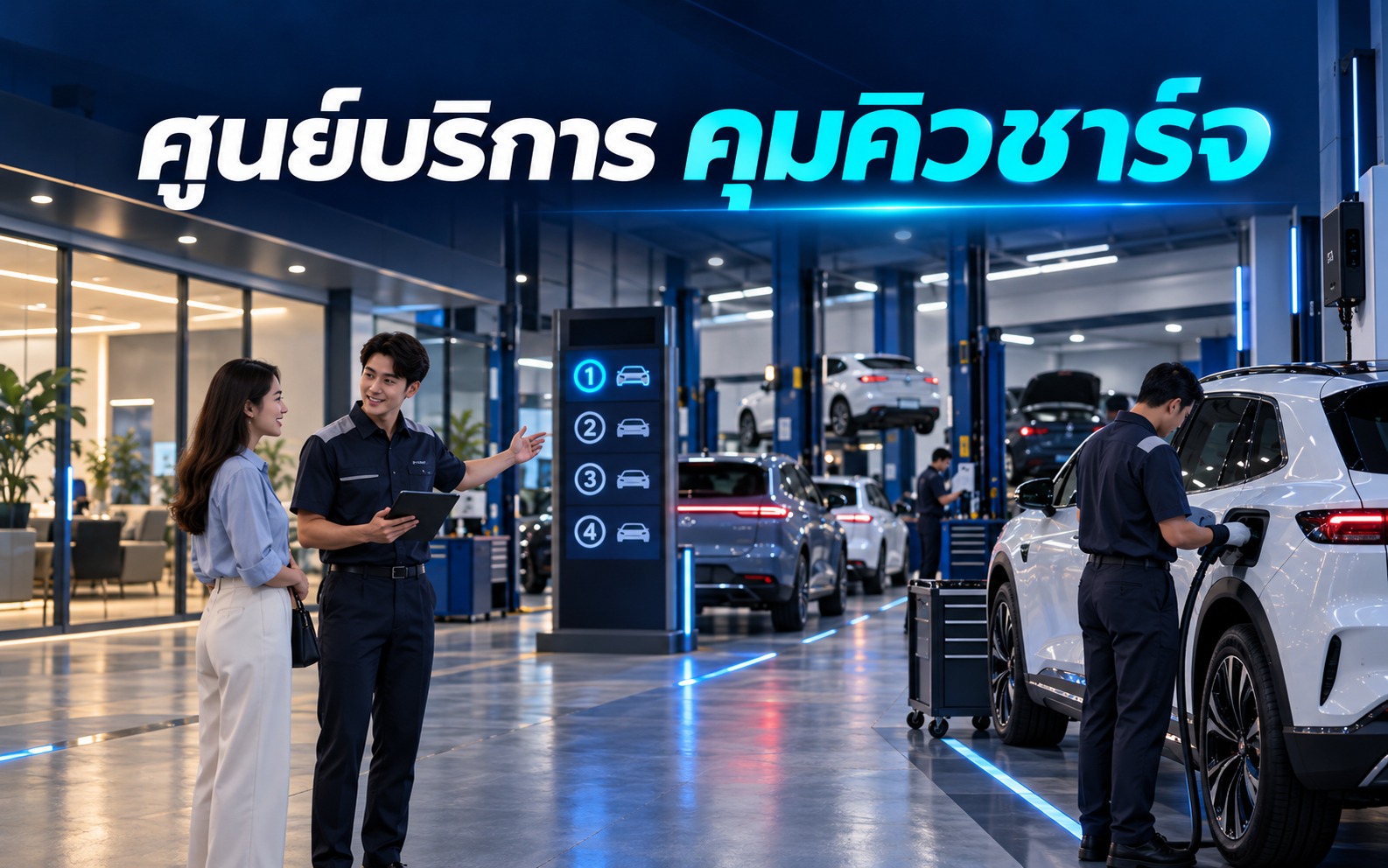 EV Charger ศูนย์บริการ คุมคิวชาร์จไม่ให้ชนงานซ่อม