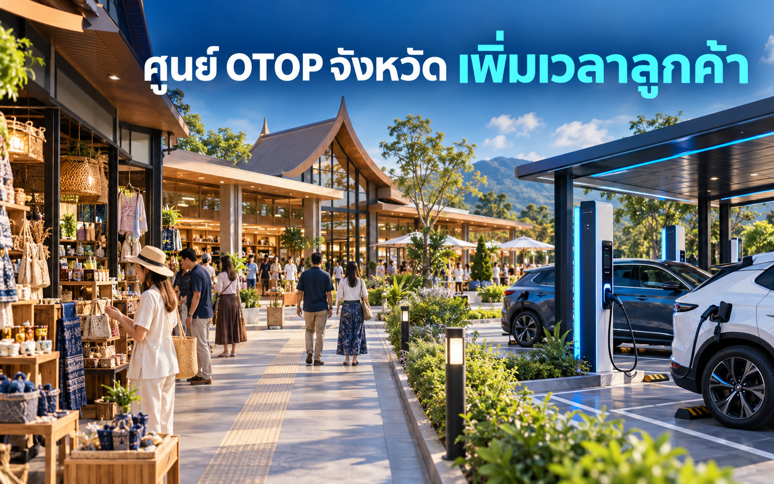 สถานีชาร์จ EV ศูนย์ OTOP จังหวัด เพิ่มเวลาลูกค้าอย่างไร