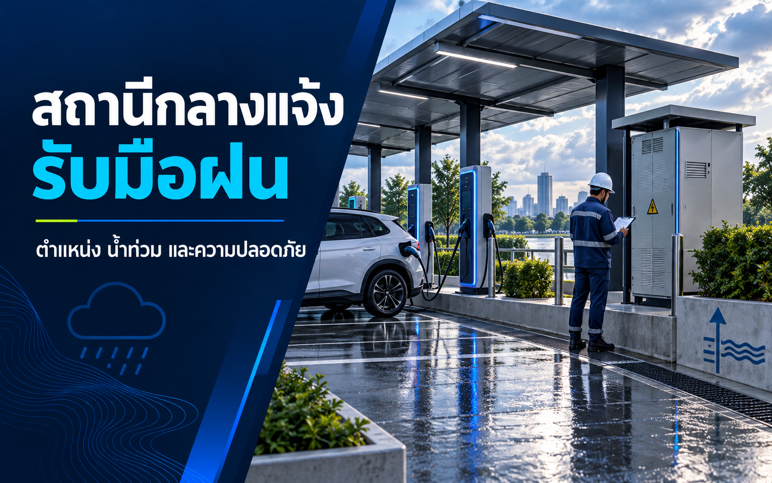 สถานีชาร์จ EV กลางแจ้งต้องรับมือฝนและน้ำท่วมอย่างไร