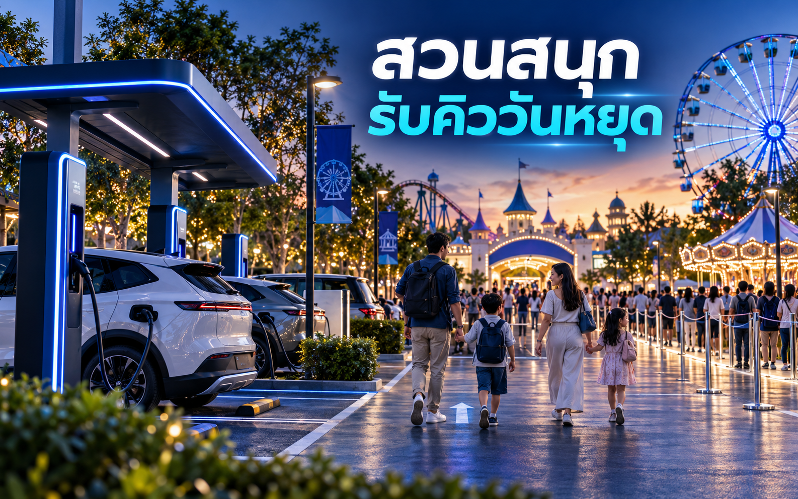 สถานีชาร์จ EV สวนสนุก จัดคิววันหยุดอย่างไร
