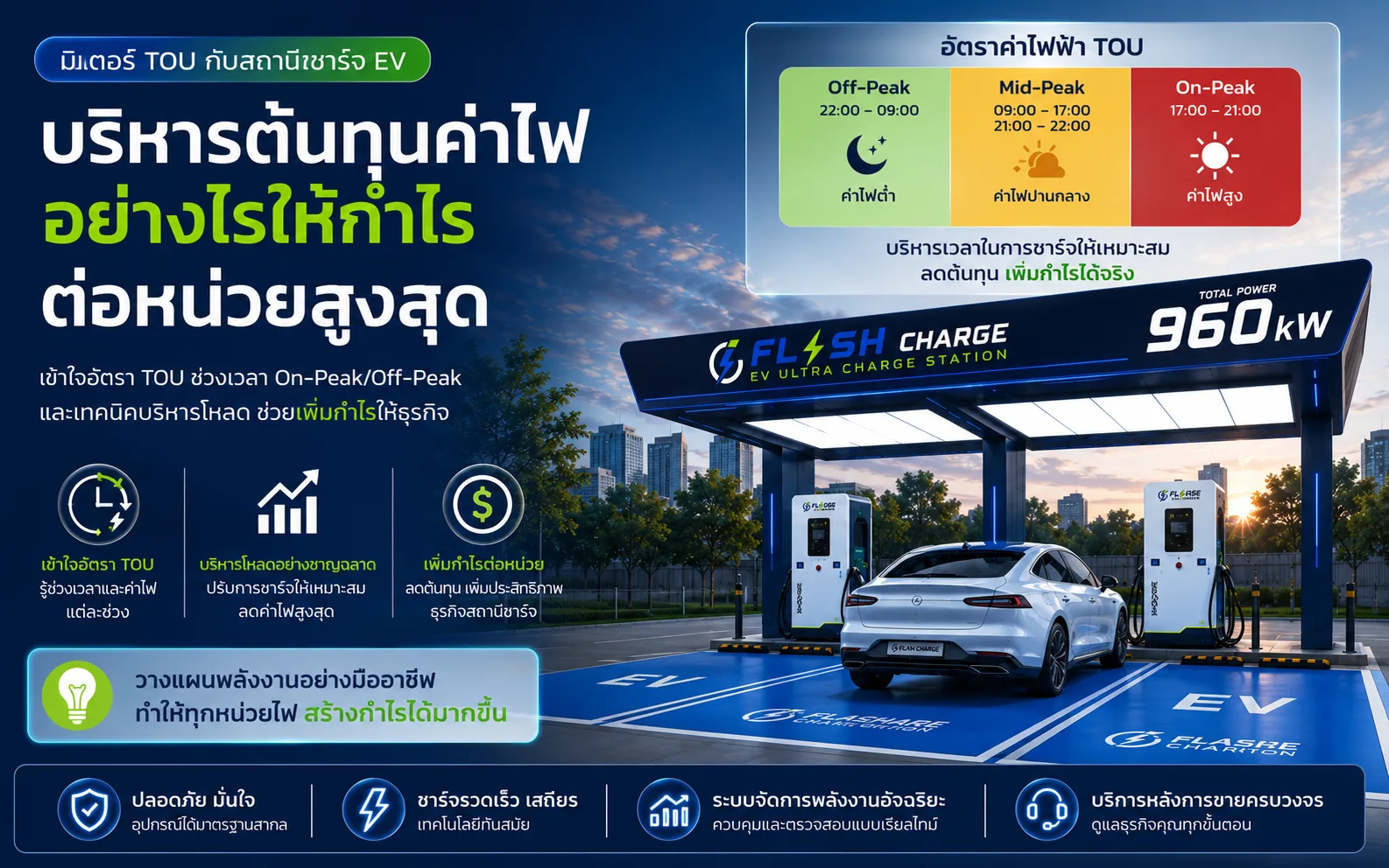 มิเตอร์ TOU กับสถานีชาร์จ EV — บริหารต้นทุนค่าไฟอย่างไรให้กำไรต่อหน่วยสูงสุด