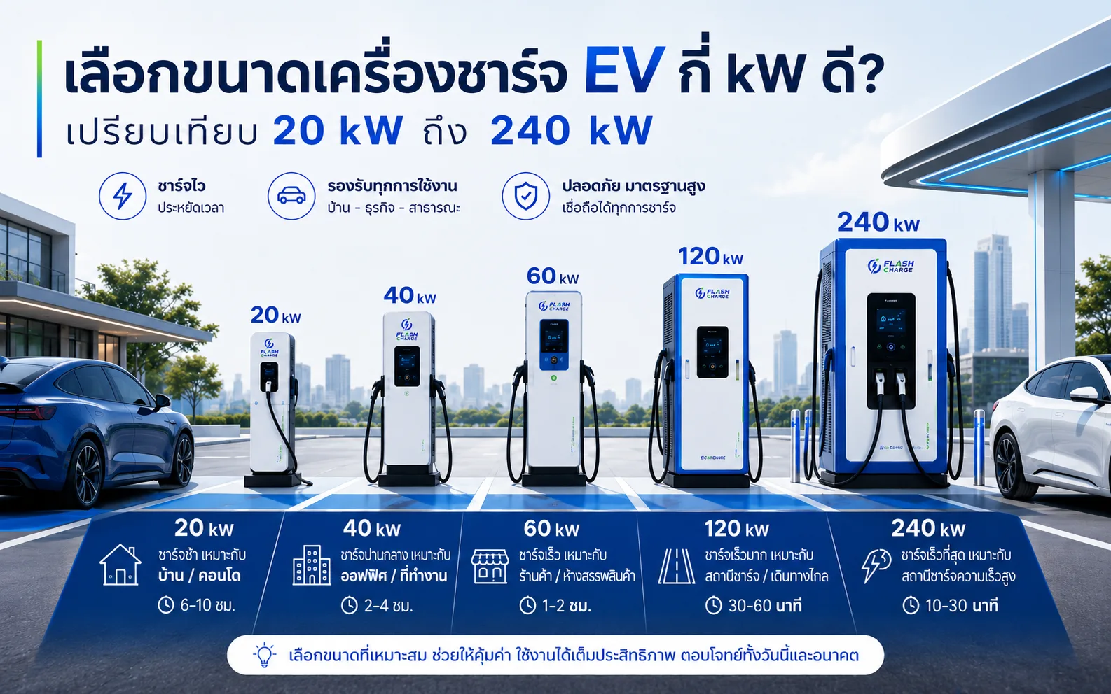 เลือกขนาดเครื่องชาร์จ EV กี่ kW ดี? เปรียบเทียบ 20 kW ถึง 240 kW